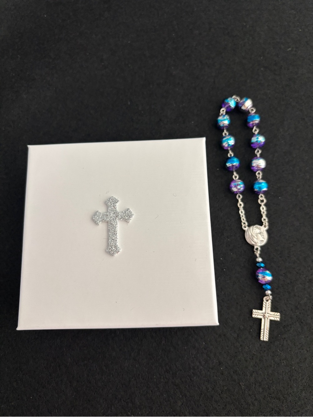 Catholic Rosary Decade Pocket Purple Blue Metallic Mary and Jesus